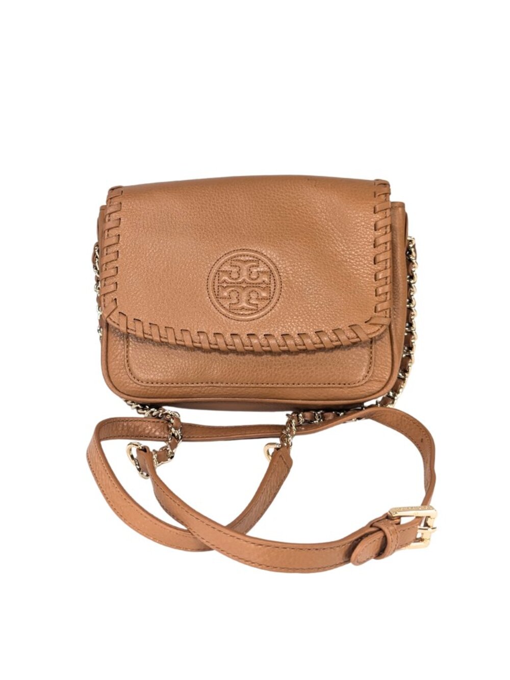 Tory Burch Marion Whipstitch Camel Tan Leather Flap Gold Chain Crossbody Purse